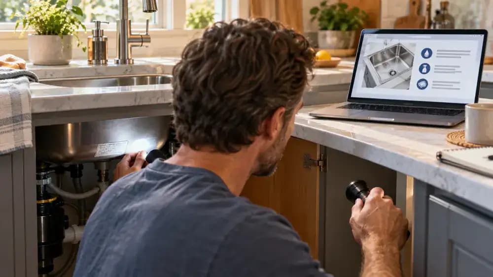 Over-the-shoulder view of a homeowner using a flashlight to check the manufacturer label beneath a stainless steel kitchen sink, with a laptop displaying sink care instructions on the countertop.