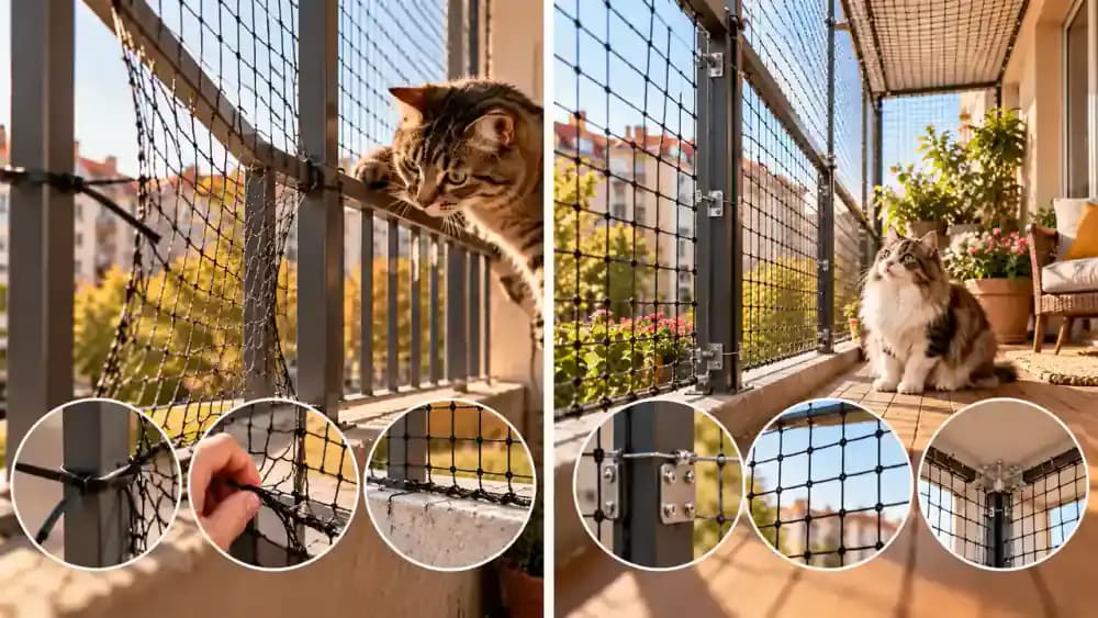 Split-screen comparison showing loose insect screening and improvised balcony mesh on one side, and a qualified installer examining a securely anchored pet enclosure on the other.