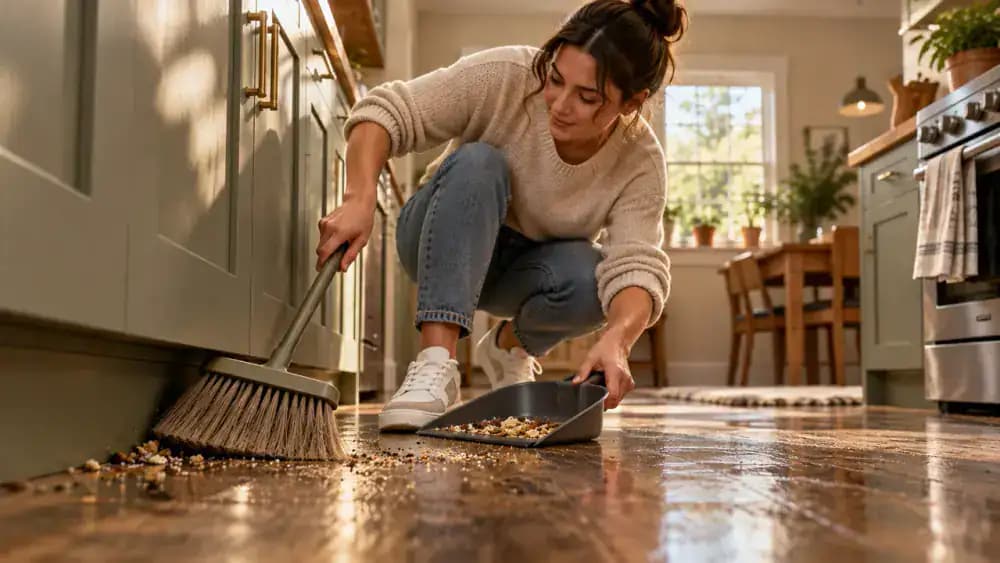 Low-angle view of a person using a soft-bristle broom to sweep breadcrumbs, dust, and grit from a kitchen floor along lower cabinet bases and the front edge of a stove.