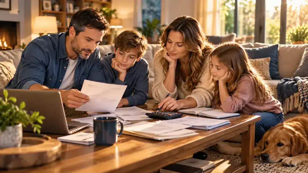 Family calmly reviewing household bills together in a welcoming living room.