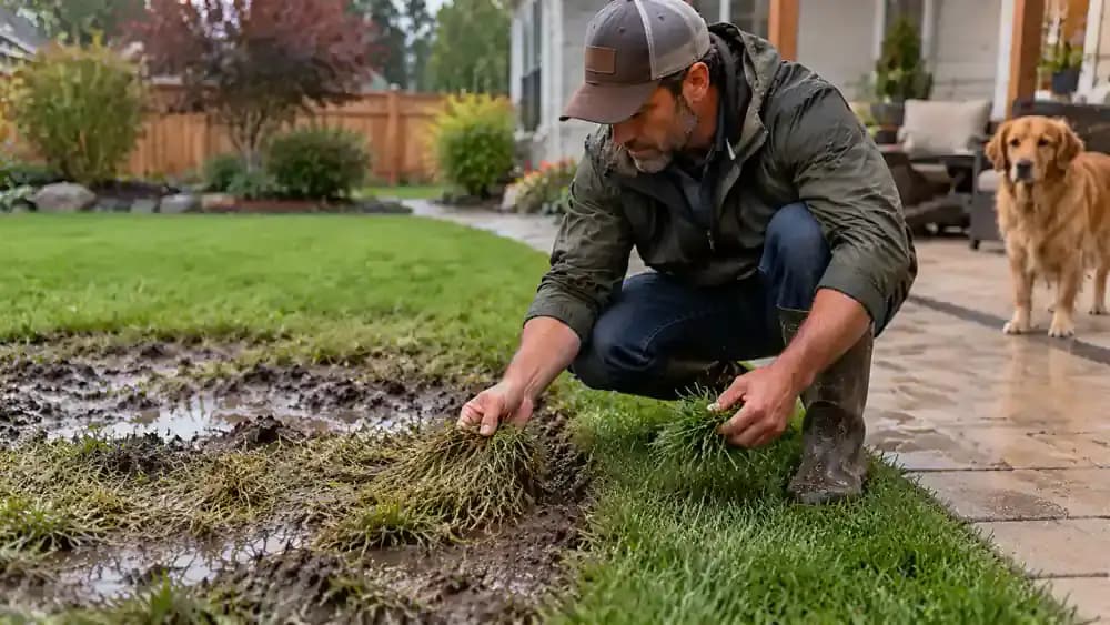 Homeowner crouching on a dry paved garden path, holding a clipboard and pointing toward flattened, muddy grass while comparing it with healthier lawn and a gently sloping suburban backyard after rain.