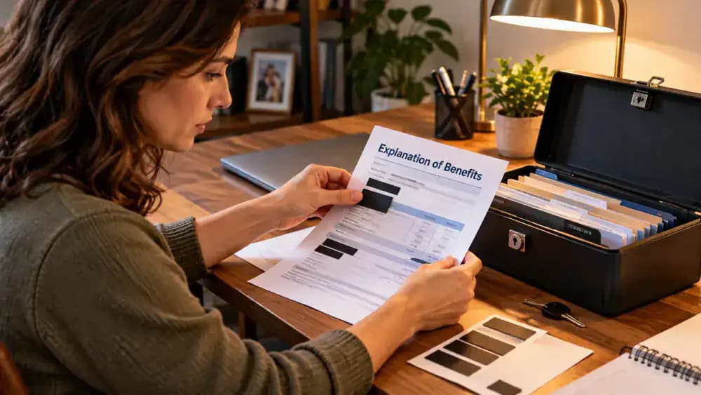 Person covering the member ID, address, and claim identifier on a fictional health insurance Explanation of Benefits before placing the document in a lockable case.