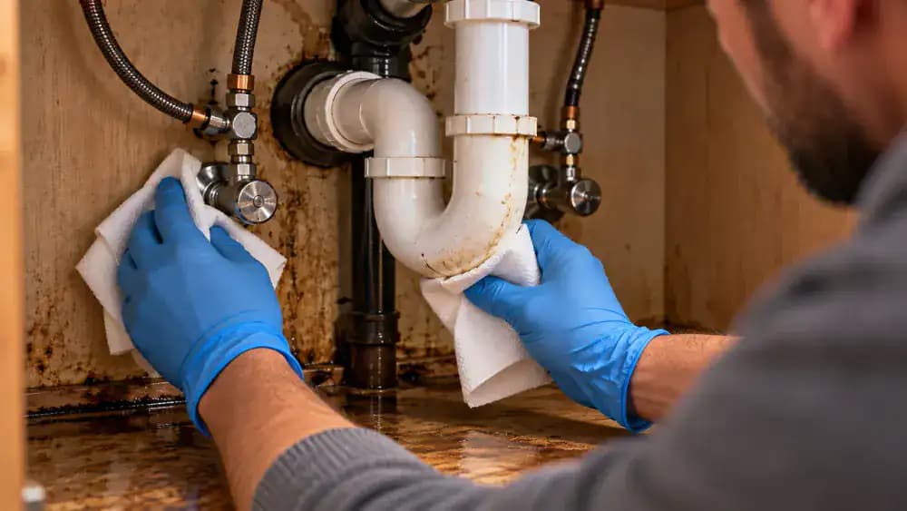 Close-up inside an empty kitchen sink cabinet showing a gloved hand pressing a white paper towel against a supply-line connection to check for moisture, with the curved drain trap and a cleaning bottle nearby.