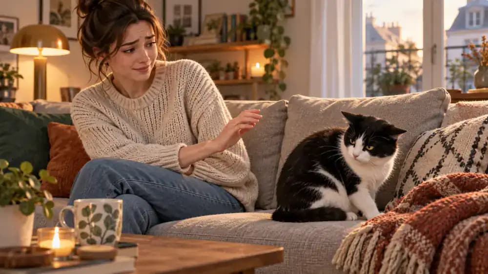 Black and white cat flattening its ears as the owner withdraws a hand