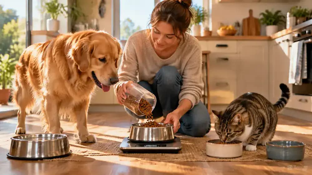 An owner weighs dry dog food on a digital kitchen scale before placing the measured portion into a Golden Retriever's bowl. A tabby cat eats at a separate elevated feeding station, with airtight food containers, a treat jar, and fresh water bowls nearby.