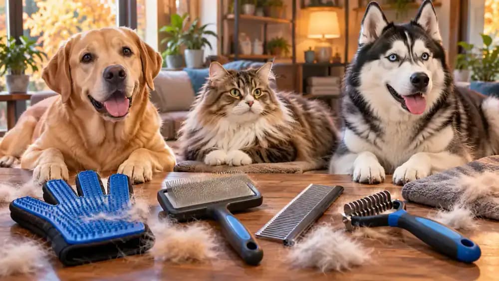 Close-up grooming demonstrations showing a rubber mitt on a Labrador's short coat, a slicker brush and metal comb on a long-haired cat, and a rounded-tip undercoat rake on a relaxed Siberian Husky.