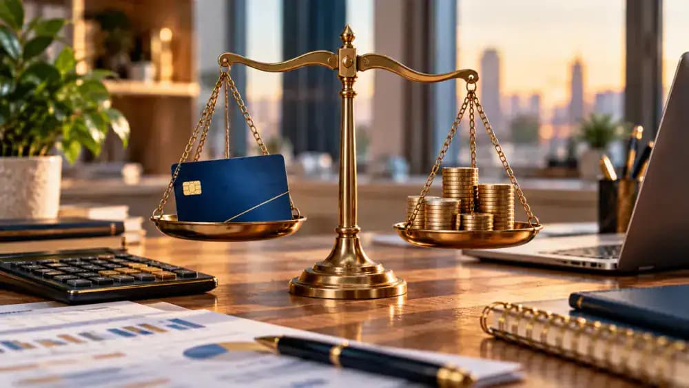 Balanced scales holding a credit card and coins to represent federal penalty fee protections.