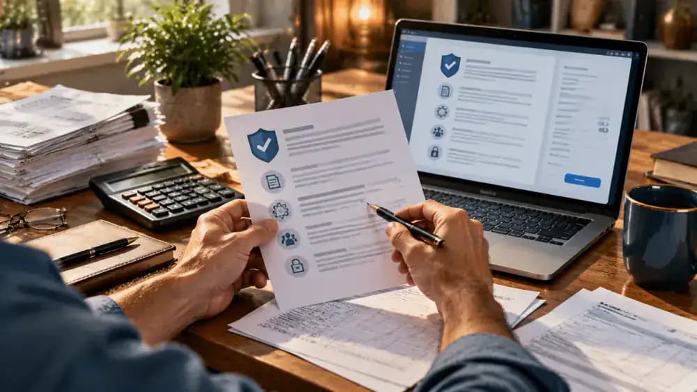 Hands reviewing software terms beside a calculator and organized tax documents.