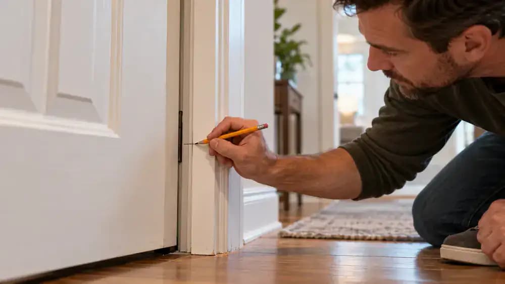 Close-up of a homeowner marking the lower latch-side edge of a white interior door with a pencil, showing a narrow, uneven gap between the door and wooden jamb in a sunlit American home hallway.