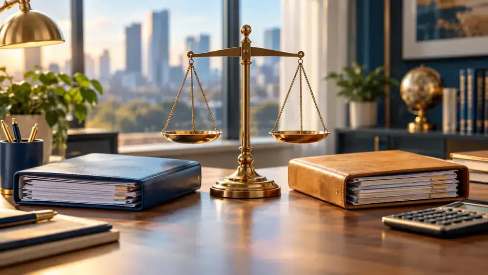 Two contrasting financial folders positioned beside a balanced scale in a minimalist office.