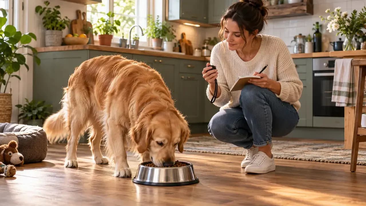 Owner timing a Golden Retriever's meal with a phone and notebook