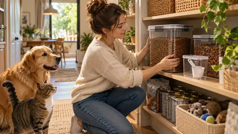 Organized kitchen pantry with a sealed transparent kibble container holding its original bag on a sturdy shelf, a dry measuring scoop in a separate holder, and the owner closing the pantry door.