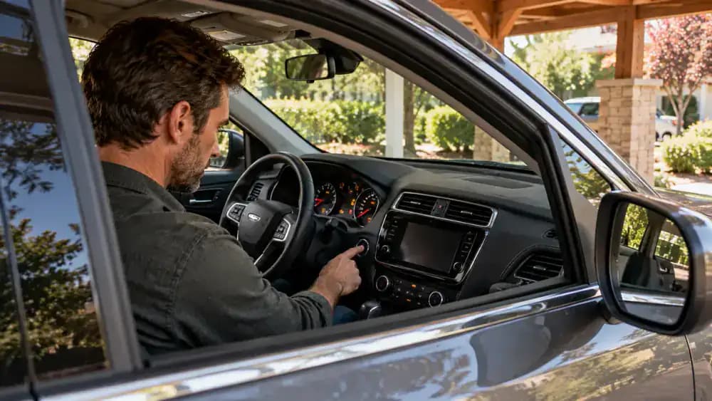 Driver briefly pressing the Start button in a parked compact SUV as dashboard lights fluctuate and rapid clicking sounds occur without the engine starting.