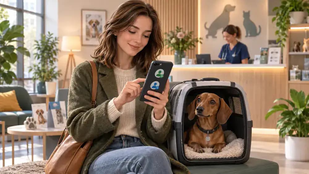 Dachshund owner recording veterinary clinic hours and emergency hospital contact information at reception