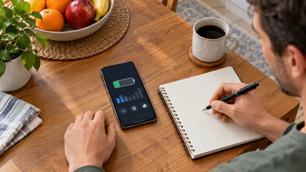 Overhead view of an Android phone on a kitchen table displaying an illustrative 67% battery charge, beside a notebook recording 9:15 AM and moderate usage, with the Settings search feature demonstrated.