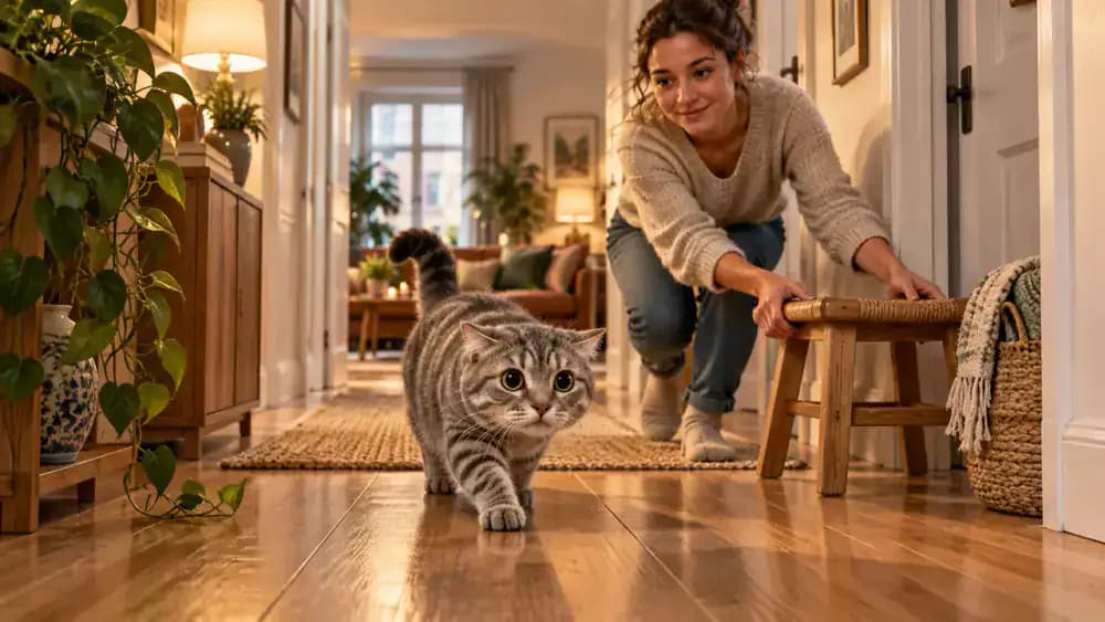 Low-angle view of a sunlit apartment where an owner moves a decorative stool away from a hallway, allowing a gray tabby to walk past the sofa toward a quiet bedroom while guests remain seated.