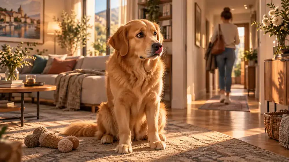 Bailey lies beside an unfinished chew near the hallway, holding his head up and licking his lips as he watches Emma move away.