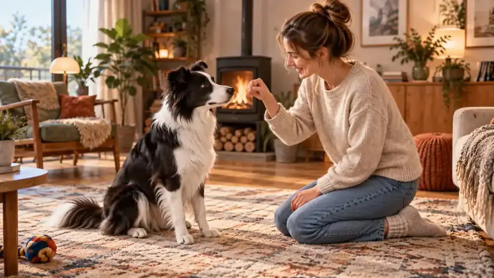 An owner kneeling on a living room rug and presenting a closed fist containing a treat to a seated dog.