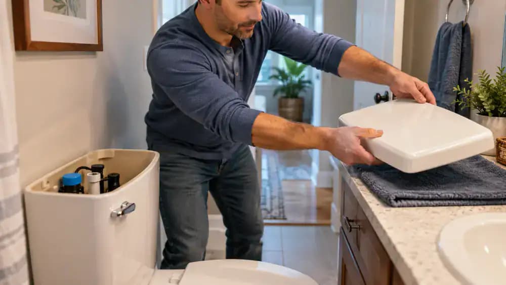 Homeowner carefully lifting a white porcelain toilet tank lid with both hands and placing it on a padded countertop, followed by a close-up of the metal water supply shutoff valve and flexible supply line behind the toilet.