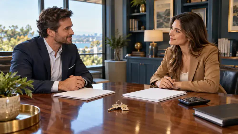 Two parties seated across a polished table with balanced stacks of blank paperwork and house keys.