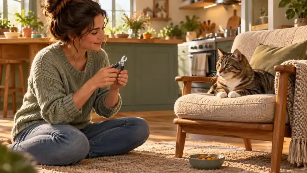 Cat sitting calmly on a padded kitchen chair while its owner opens and closes nail clippers several feet away and offers a treat.