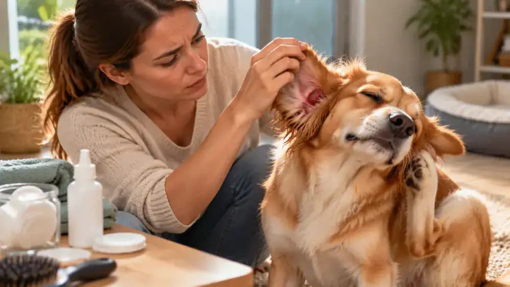 Owner noticing a dog's ear scratching and head shaking, setting aside cleaning supplies, and checking veterinary clinic contact information.