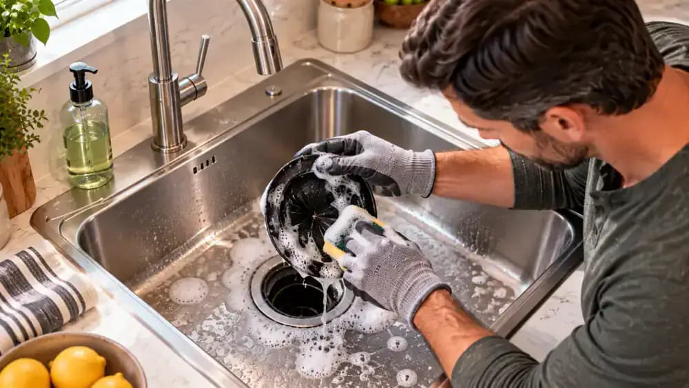 Gloved homeowner lifting part of a garbage disposal rubber splash guard and scrubbing the accessible top and underside with a small soapy brush while keeping both hands above the grinding chamber.