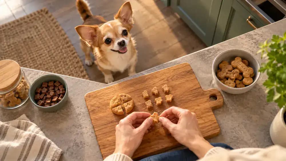 Overhead view of hands dividing a large soft dog treat into eight tiny pieces on a wooden cutting board while a Chihuahua watches beside the table.