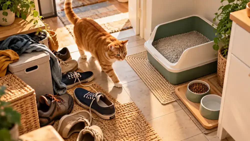 Ginger cat carefully stepping around shoes and stacked household supplies to reach a litter box beside food and water bowls in a kitchen utility nook.