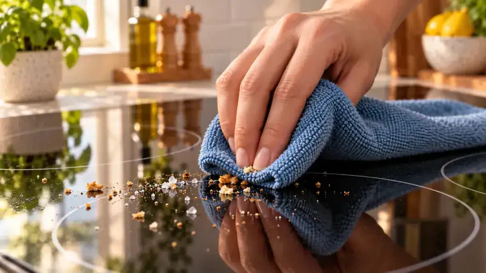 Close-up of a hand gently lifting salt crystals, toast crumbs, and dried food particles from a cooled black glass-ceramic cooktop using a dry microfiber cloth, with a greasy fingerprint still visible.