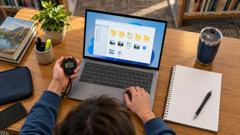 Windows 11 desktop computer in a library study room displaying File Explorer, with a digital stopwatch beside the keyboard and a worksheet labeled Task, Starting Time, and Observations.