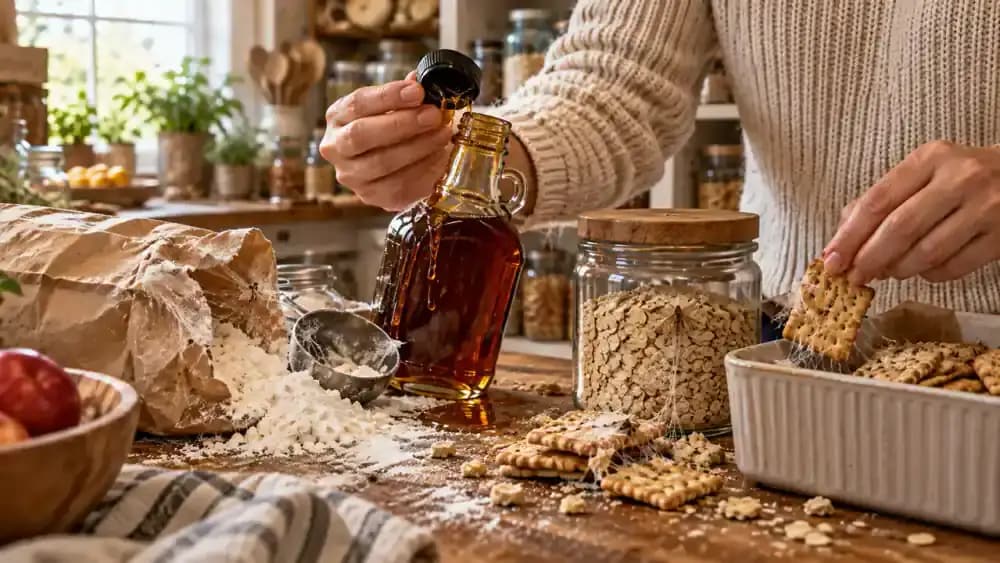 Close-up of hands inspecting a maple syrup bottle with sticky leaks around its cap and base on a bright kitchen countertop, alongside a flour bag with suspicious webbing near its seam, a cereal box, a washable tray, a clear container with a secure lid, and a lined trash bin.