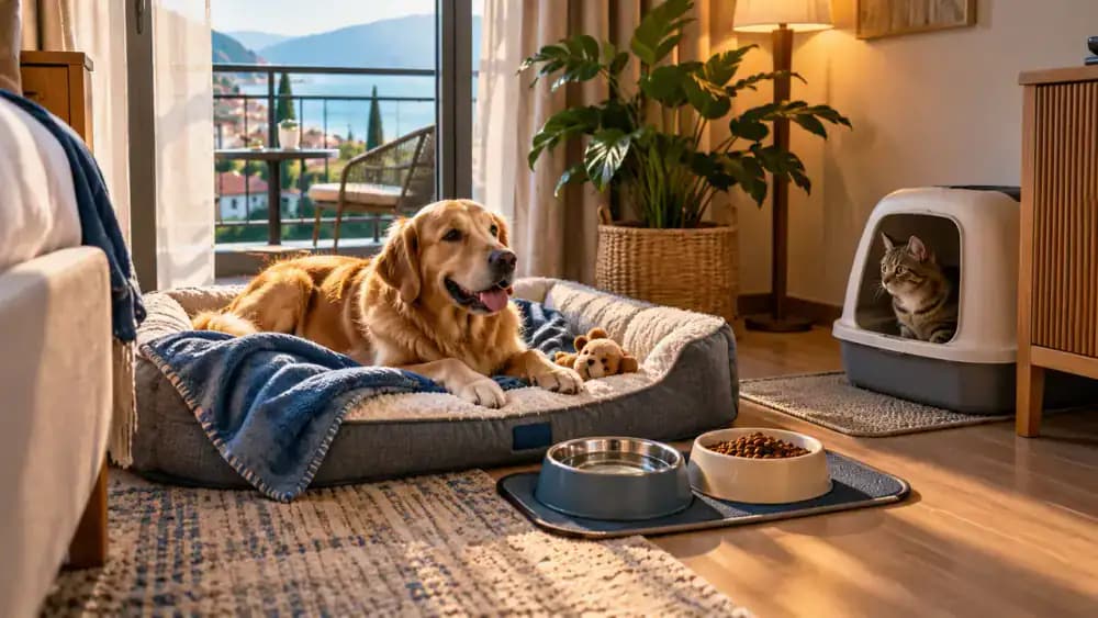 Cozy hotel room corner with a blue blanket on a dog bed, fresh water and food bowls in separate areas, and a cat litter box positioned in a quiet bathroom alcove.