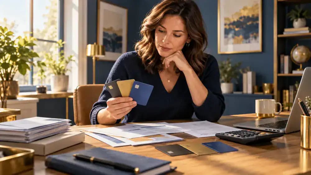 Consumer thoughtfully comparing credit cards and financial paperwork at an organized desk.