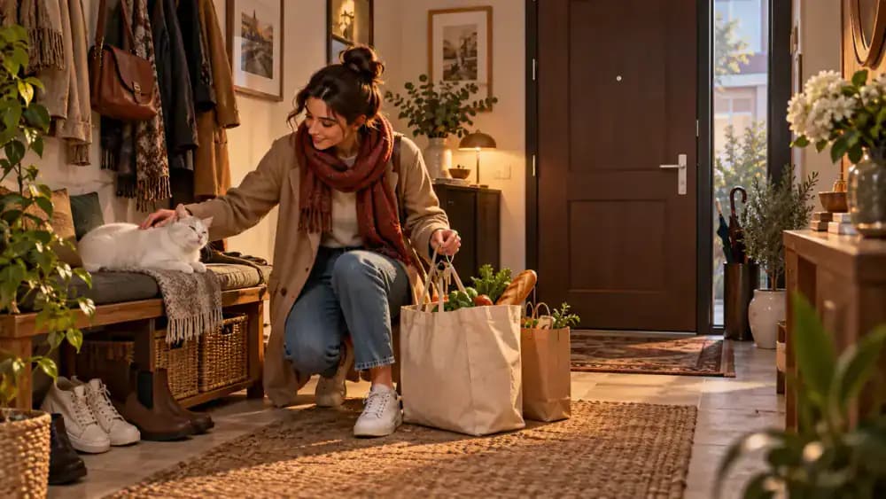 Woman preparing shopping bags and keys in a compact apartment foyer while checking the location of a resting white cat before approaching the closed front door.