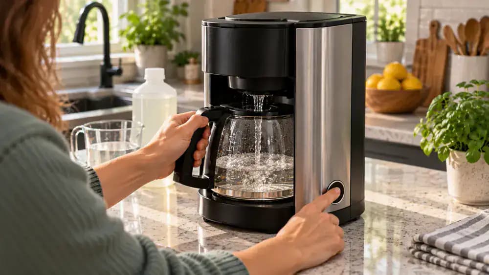 Hand placing a clean carafe on a coffee maker warming plate and pressing the cleaning or brew control to start the descaling cycle.