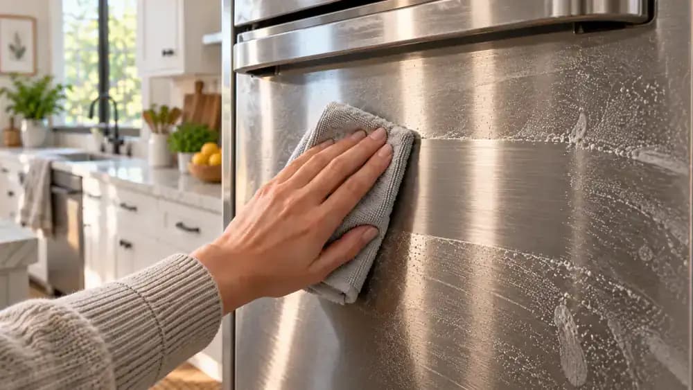 Close-up of a stainless steel oven front as a hand wipes away faint soap residue with a lightly damp microfiber cloth, following the vertical grain and avoiding control knobs and vent openings.