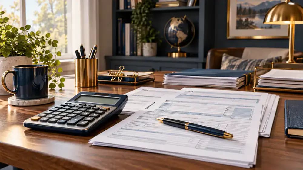 Calculator beside tax forms