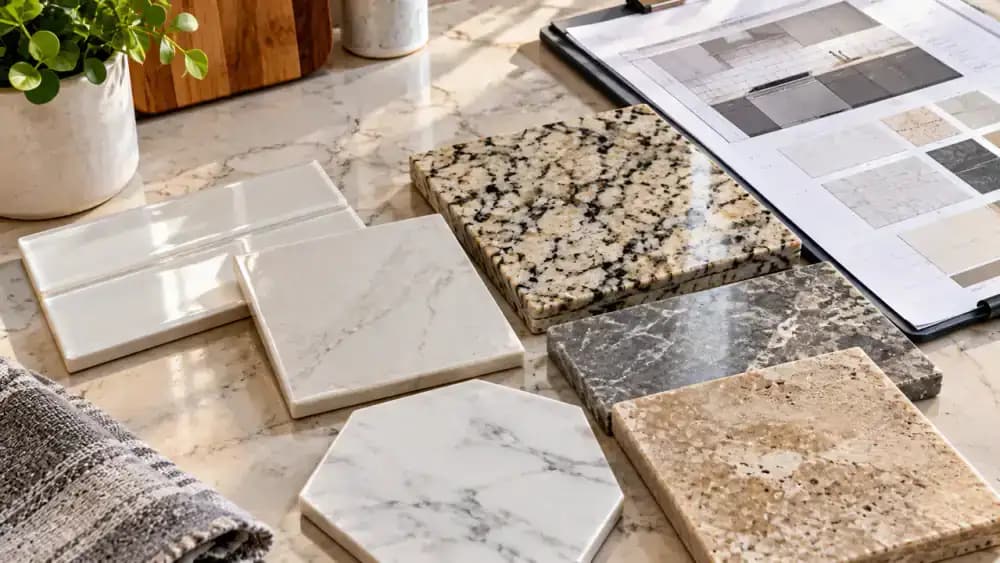 Homeowner wearing protective gloves examines a kitchen backsplash with an LED inspection light while comparing ceramic, porcelain, and natural stone tile samples and checking installation documentation.