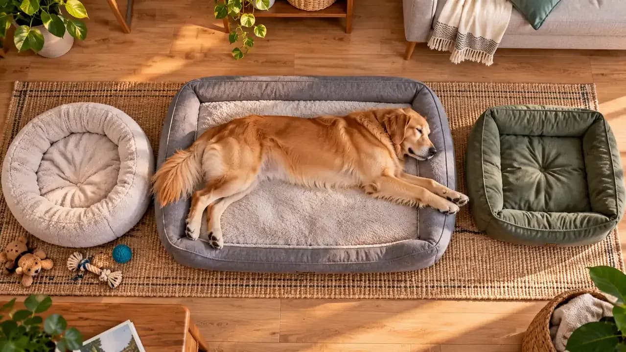 Large dog stretching comfortably on a correctly sized supportive bed beside other bed styles