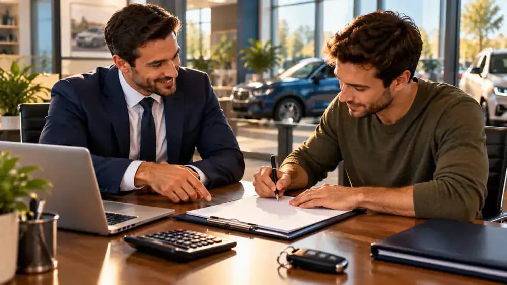 A customer completing an auto loan credit application on a desk beside a laptop.