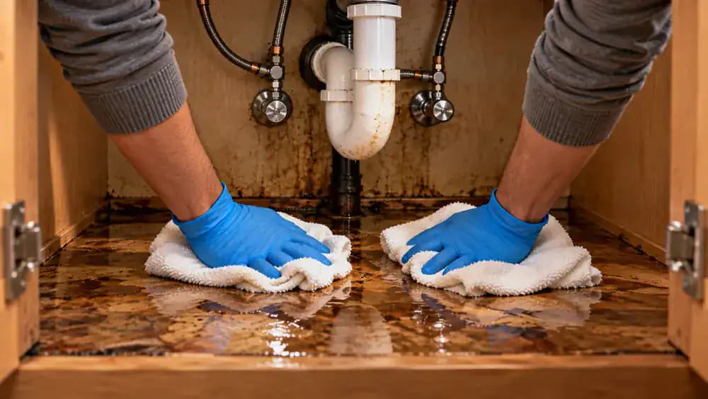 Gloved person pressing a folded white cotton towel onto standing water inside an empty kitchen under-sink cabinet, with visible plumbing and damp rear corners.