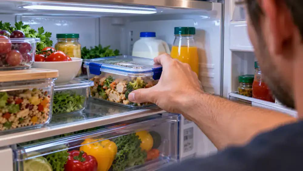 View inside an open refrigerator showing a hand moving a protruding food container back onto its shelf and checking that a lower drawer is fully closed.