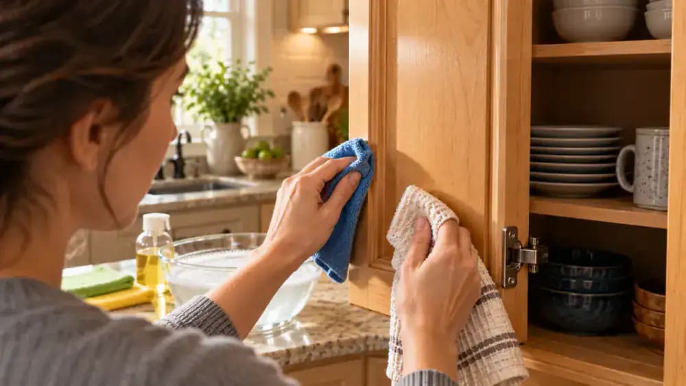 Close-up inside a partially open satin-finished oak kitchen cabinet showing hands gently testing a small hidden area near the lower hinge with a blue microfiber cloth and drying it with a clean cotton towel.
