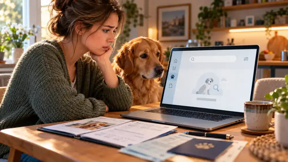 A pet owner entering a microchip number on a laptop's registration lookup page, with ownership documents nearby and a second screen showing an unsuccessful search notice.