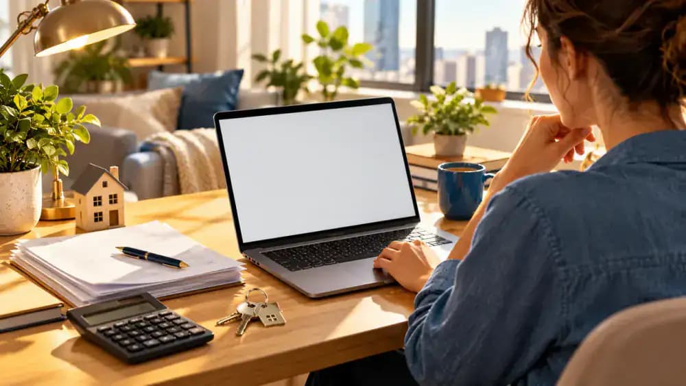 Person researching official tenant protection information on a laptop at a tidy home desk.