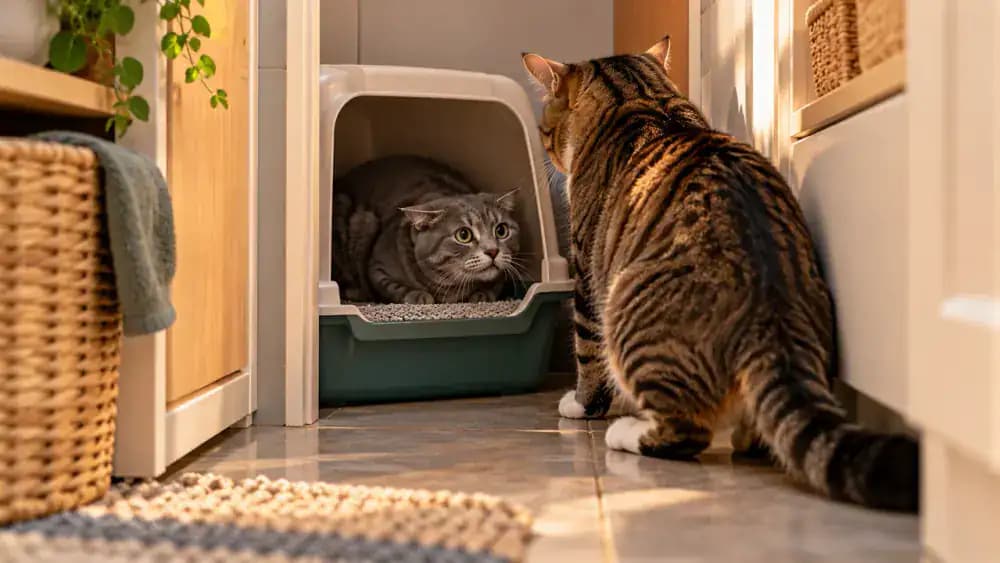Gray cat crouching inside a litter box wedged between tall cabinets as another cat approaches the only exit, contrasted with an unobstructed box beside a wall.