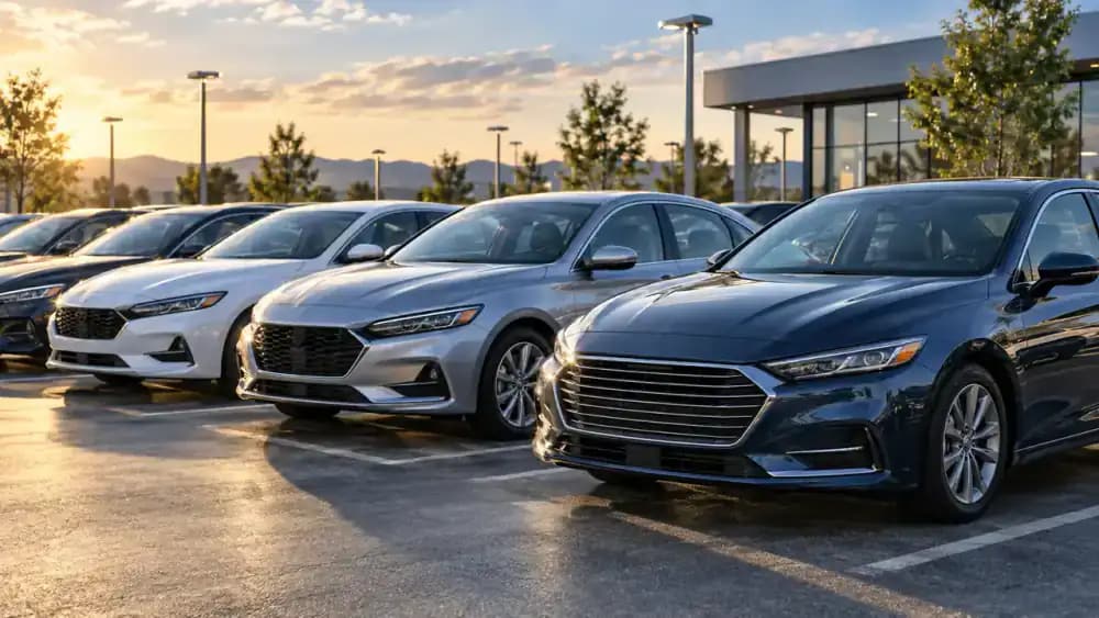 Several used vehicles displayed in a dealership lot under clear daylight.