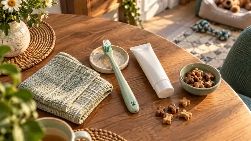 Soft pet toothbrush, pet toothpaste, clean cloth, and small training treats arranged neatly on a dining table