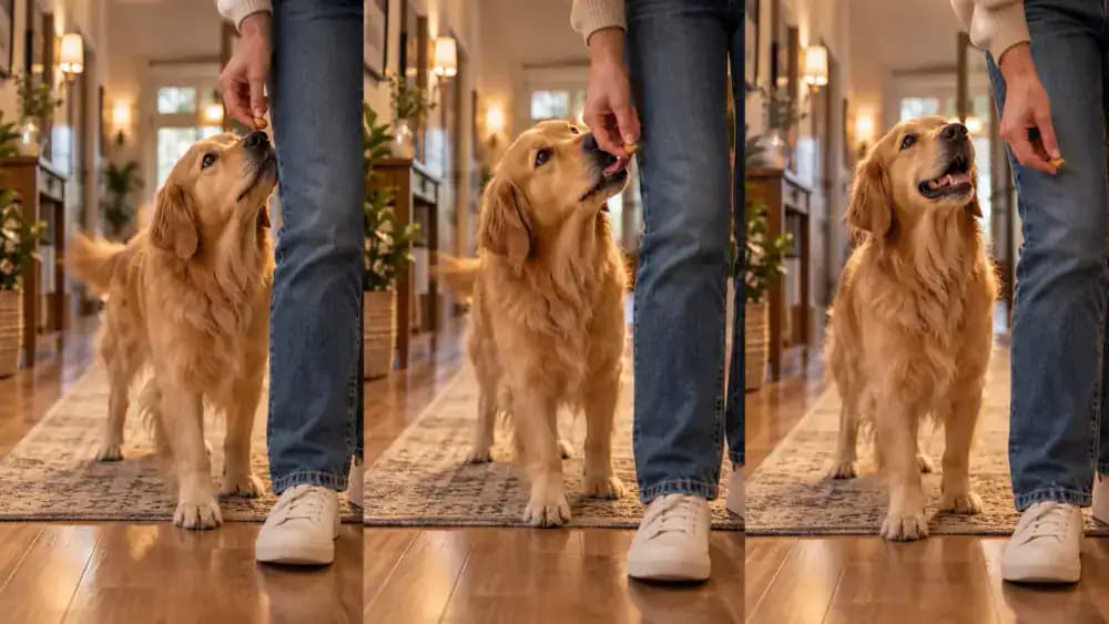 Close view of a golden retriever receiving several training treats next to its owner's legs